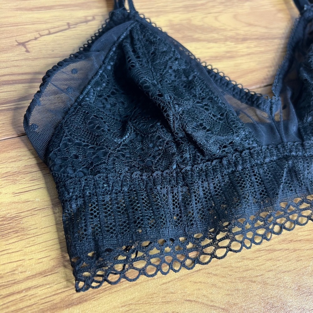Victorias Secret Bralette XS Black Strappy Lace Swiss Dot Longline Triangle Bra - Picture 5 of 8